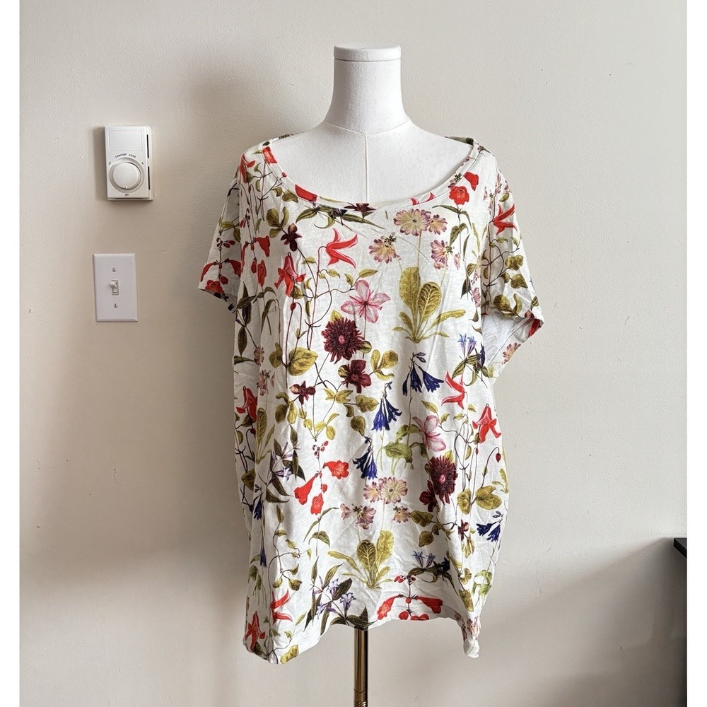 Lands End 3X Floral Cotton Short Sleeve T Shirt Outdoor Cottage Stretch *Flaw
